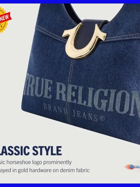 Medium Hobo Shoulder Bag, Frayed Denim with Horseshoe Logo, Lightweight Cotton - Picture 4 of 7